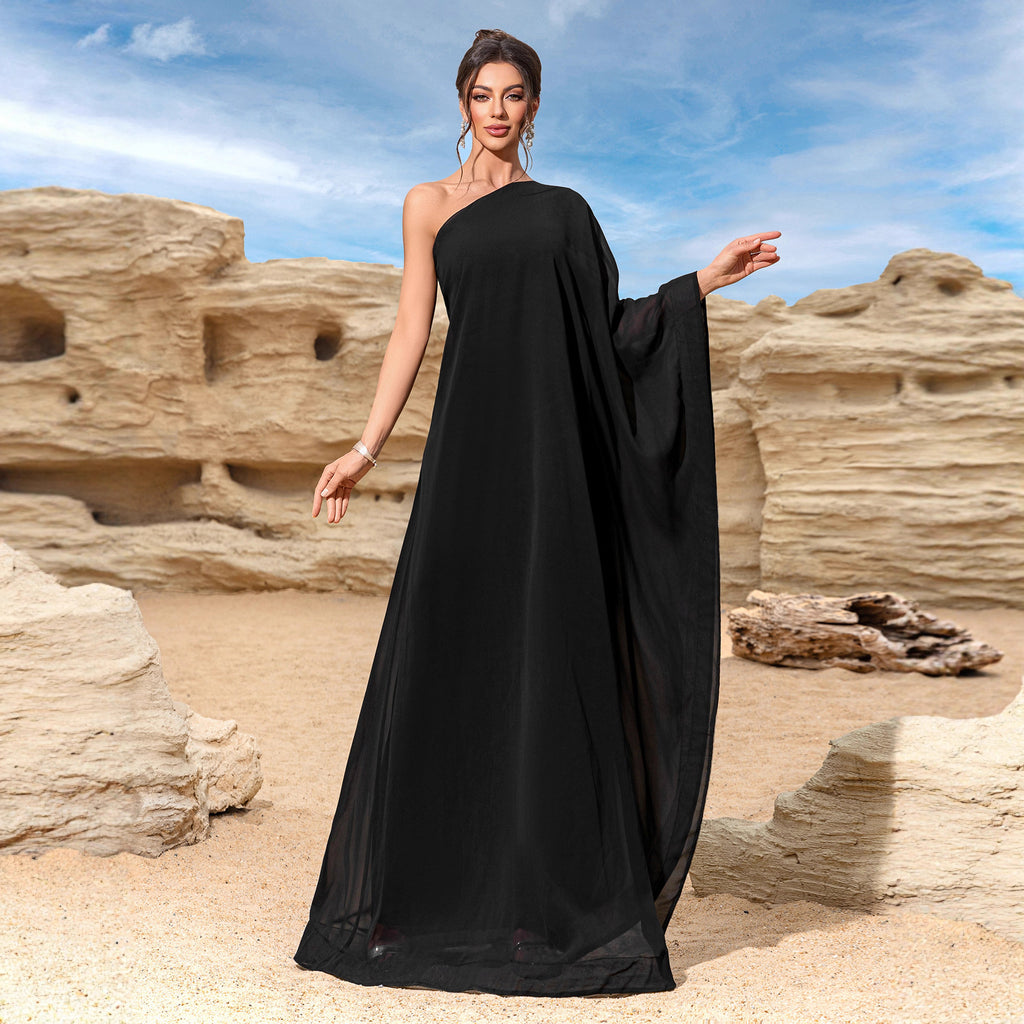 Sleeveless Sloping Shoulder Dress Women Summer Waist Slimming Dress Retro A line Dress Long Large Hem Robe Inly
