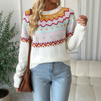 Suéteres de cuello redondo de manga larga con jacquard de color contrastante y sueltos informales para otoño e invierno, ropa para mujer