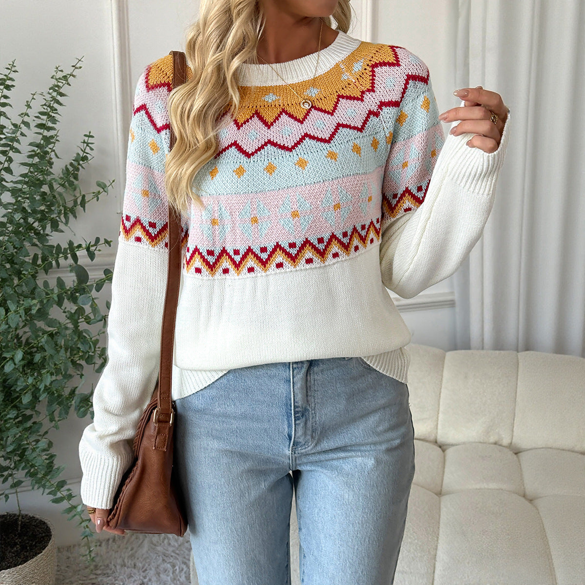 Suéteres de cuello redondo de manga larga con jacquard de color contrastante y sueltos informales para otoño e invierno, ropa para mujer