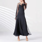 Elegant Women Polka Dot Lace Stitching Long Sleeve Dress Lantern Sleeve Polka Dot Stitching Split Dress Venly