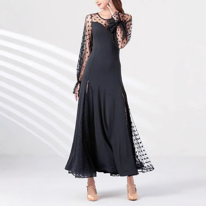 Elegant Women Polka Dot Lace Stitching Long Sleeve Dress Lantern Sleeve Polka Dot Stitching Split Dress Venly