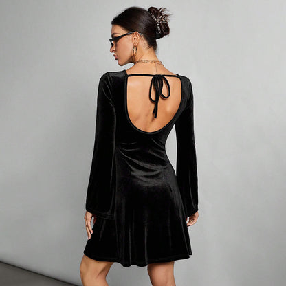 Women Clothing Simple Intellectual Dress Autumn Winter Backless Sexy Lace Up All Match Black Dress
