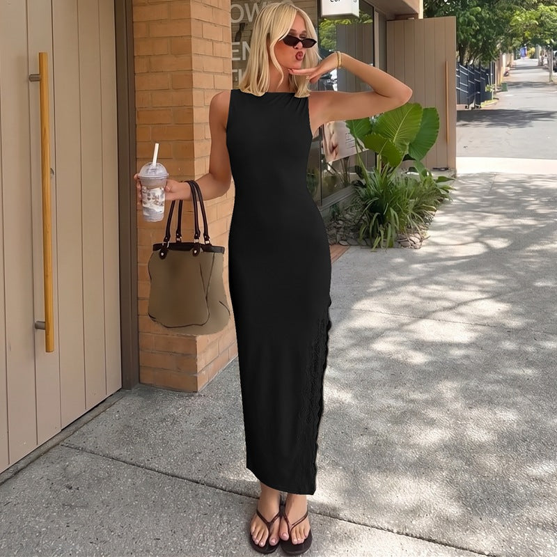 Women Clothing Summer Lace Split Dress Sexy Backless Sleeveless Dress BULLINGER