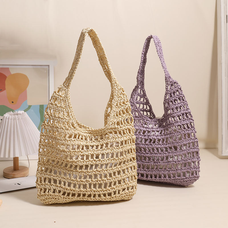 Sac à bandoulière en paille de grande capacité, fourre-tout ajouré et découpé, sac en paille portable, sac tissé, sac de plage pour vacances en bord de mer 