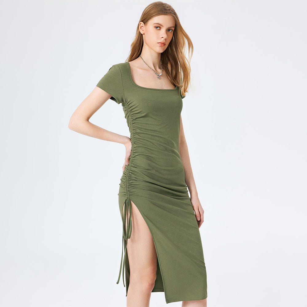 Knitted Small Sunken Stripe Elegant Square Cut Collar Waist Figure Flattering Side Slit Hip Dress Yiskiss