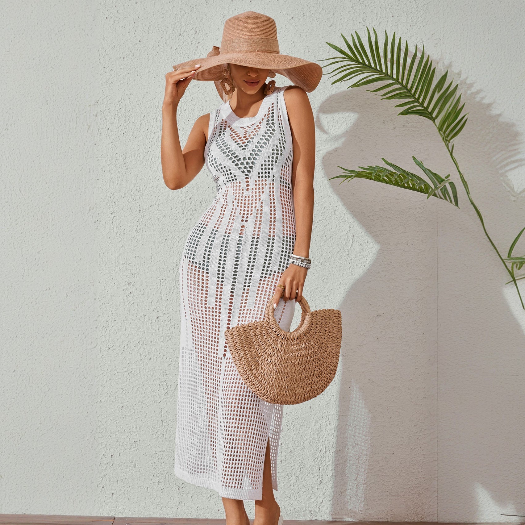 Beach Dress Women Solid Color Sexy Knitted Beach Bikini Swimsuit Blouse Sun Protective Clothing Mangar