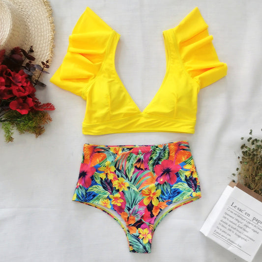 Traje de baño de cintura alta con estampado floral vintage, bikini sexy con volantes y escote en V profundo.