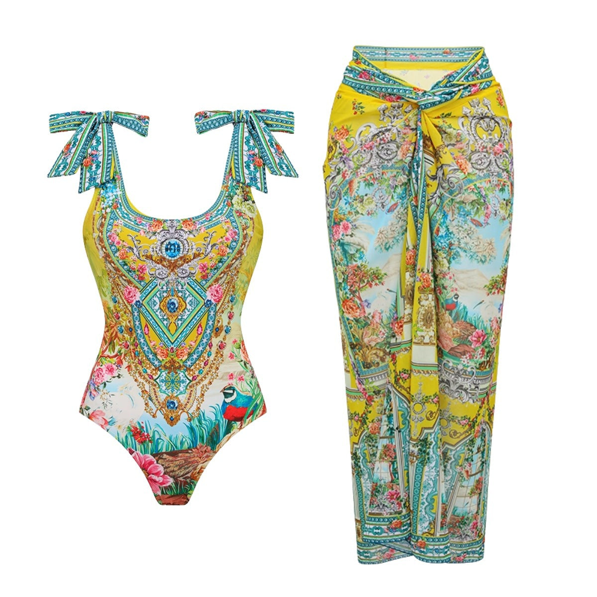 Bow Shoulder Strap Swimsuit Wrap Skirt Suit