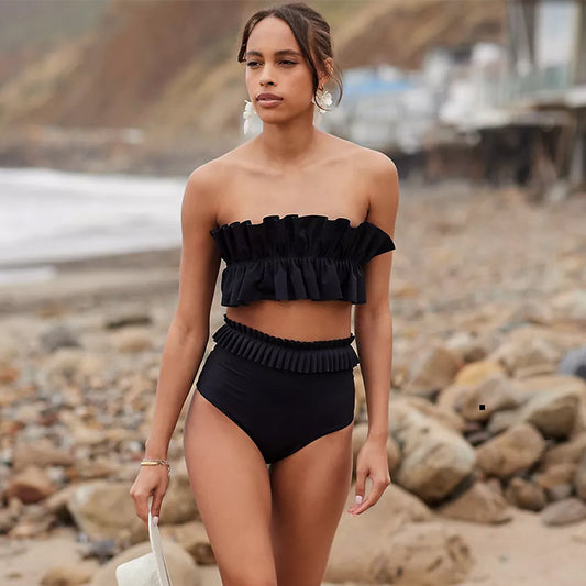 Traje de baño de bikini bandeau sexy de color sólido con un hombro al descubierto y espalda abierta para mujer