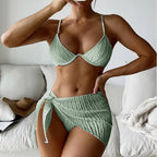 Traje de baño de tres piezas para mujer, sexy, con cuello halter y falda de tul, bikini dividido.