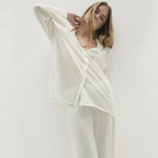Pyjama ample en tricot confortable à manches longues et pantalon pour femme, tenue décontractée et simple pour la maison