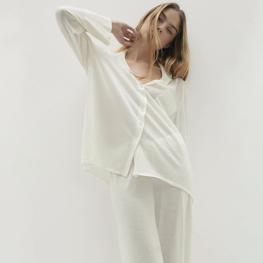 Pyjama ample en tricot confortable à manches longues et pantalon pour femme, tenue décontractée et simple pour la maison