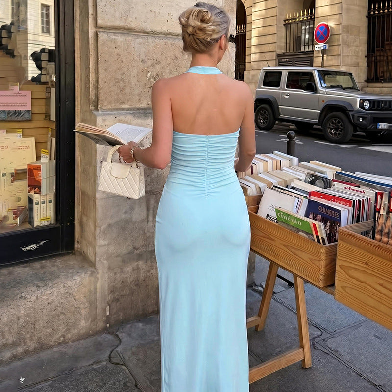 Women Clothing Summer Sexy Backless Pleated Halter Slim Fit Dress Women BULLINGER