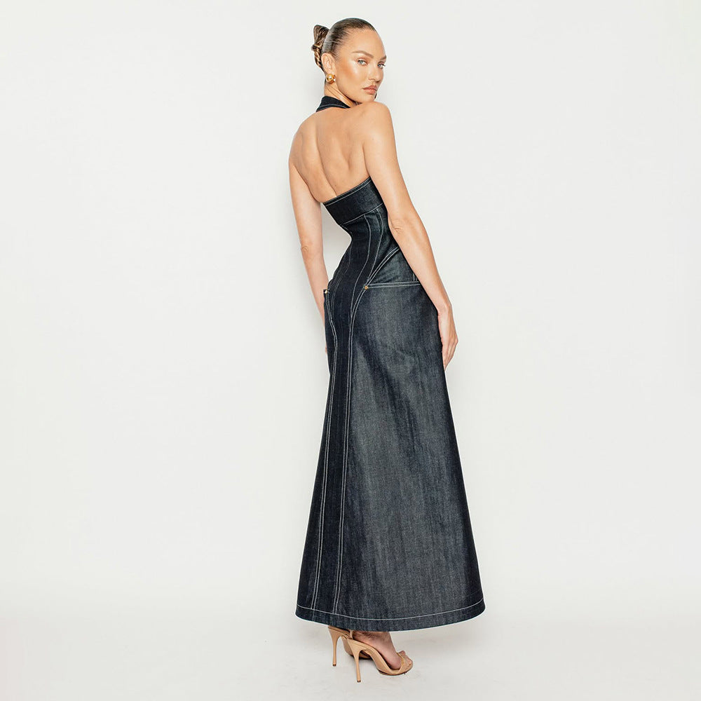 Elegant Solid Color Sleeveless Halter Slim Fit Backless Sheath Dress Denim Summer Sight