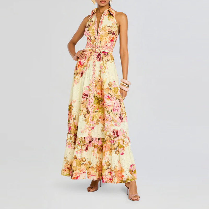 Retro Elegance Floral Printed Dress Summer Waist Slimming Sleeveless Lace up Dress Ory