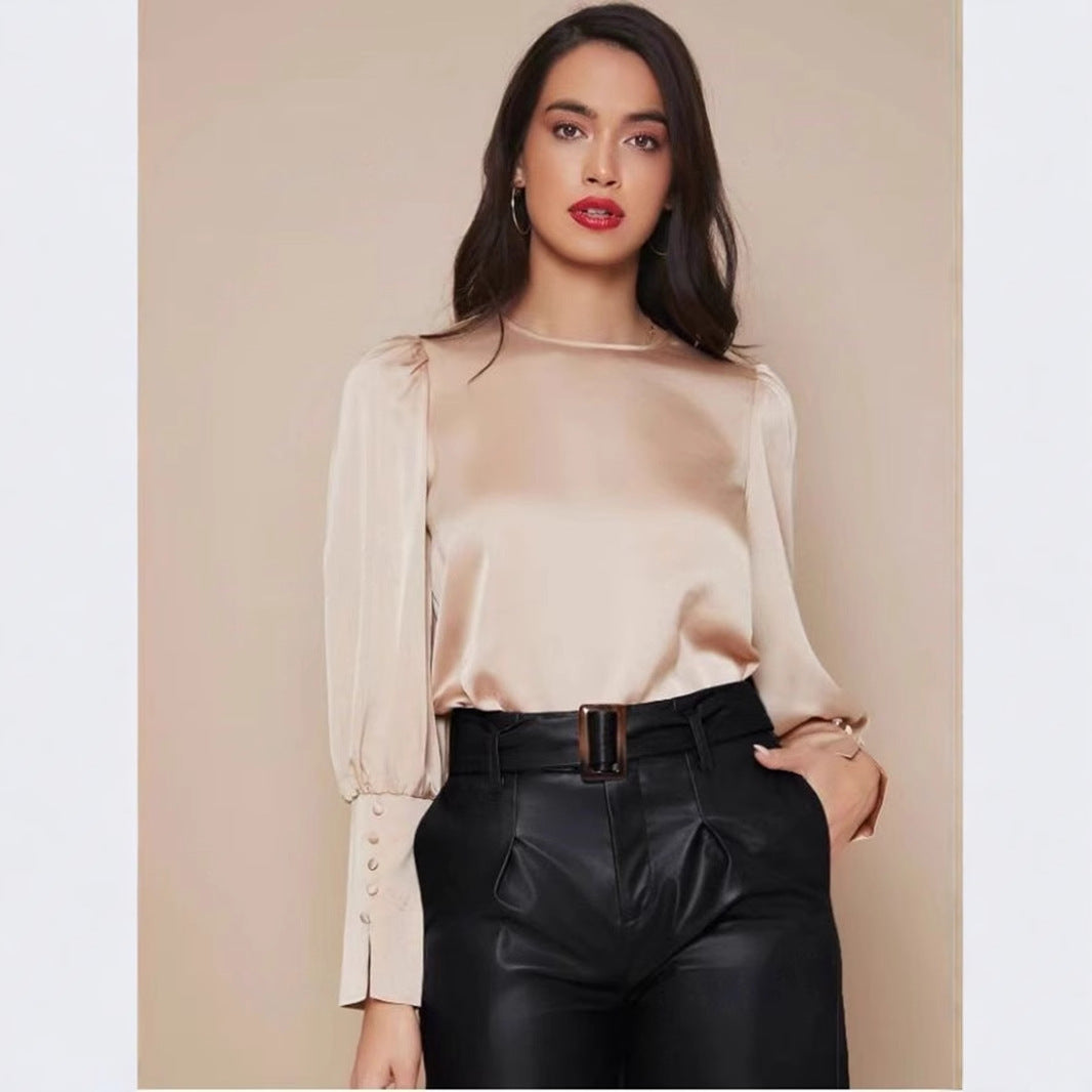 Camisa de satén de manga larga para mujer, primavera otoño, camisa de satén con mangas farol