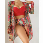 Maillot de bain trois pièces sexy en maille pour femme, push-up, fendu, imprimé