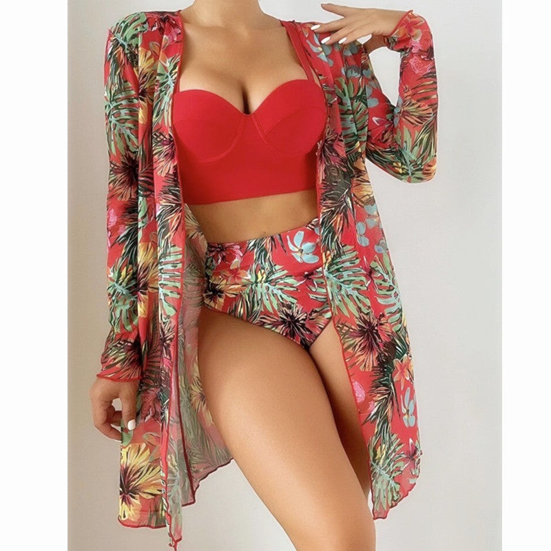 Maillot de bain trois pièces sexy en maille pour femme, push-up, fendu, imprimé
