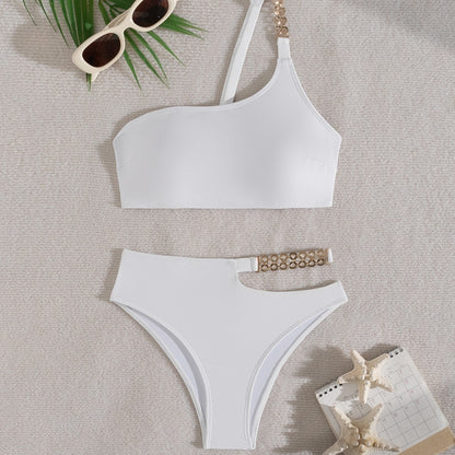 Single Shoulder Solid Color Split Swimsuit Women High Waist Bikini