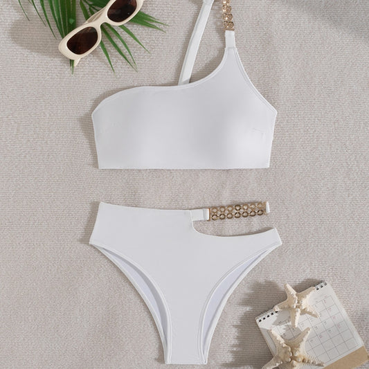 Traje de baño dividido de un solo hombro de color sólido para mujer, bikini de cintura alta