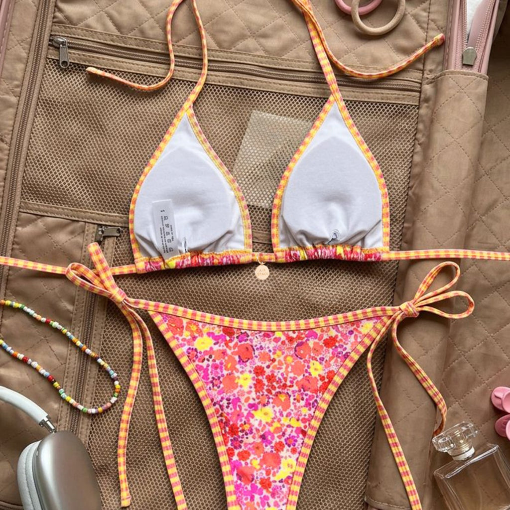 Printed Triangle Strap Small Embellished Sexy Split Bikini Swimsuit for Women WithWind