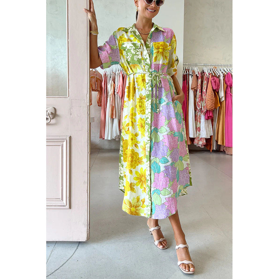 Spring Summer Loose Vacation Dress Casual Short Sleeve Lace up Pocket Dress Oyrina