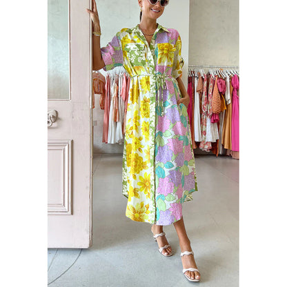 Spring Summer Loose Vacation Dress Casual Short Sleeve Lace up Pocket Dress Oyrina