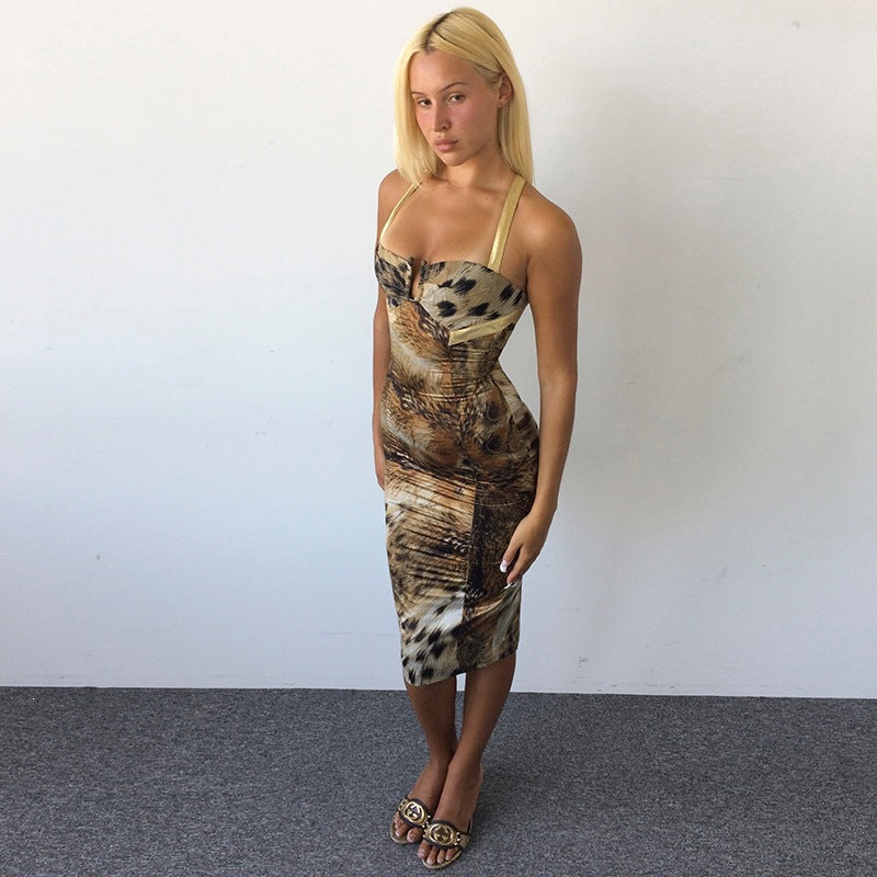 Fall Women Clothing Personality Printed Waist Controlled Slimming Fashionable Strap Sexy Sheath Dress Dores