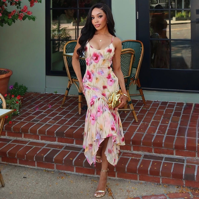 Outing Sweet Women Slim Fit Breathable Printed Cami Dress U Collar Sleeveless Long Dress Kinci