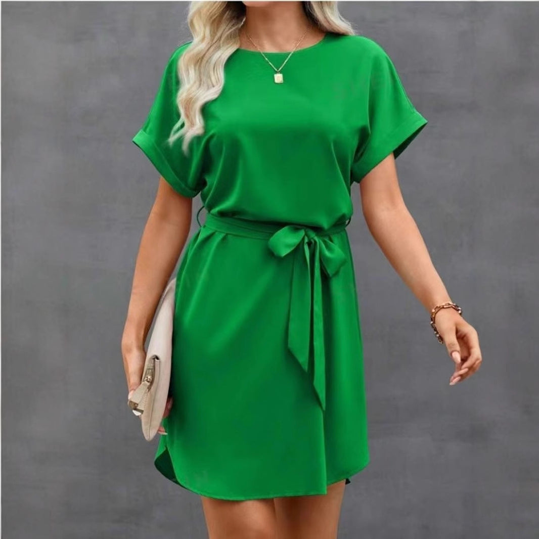 Women Lace up Waist Short Sleeve Satin Dress