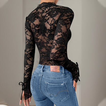 Mono de otoño para mujer con cuello en V y manga larga con costuras de encaje
