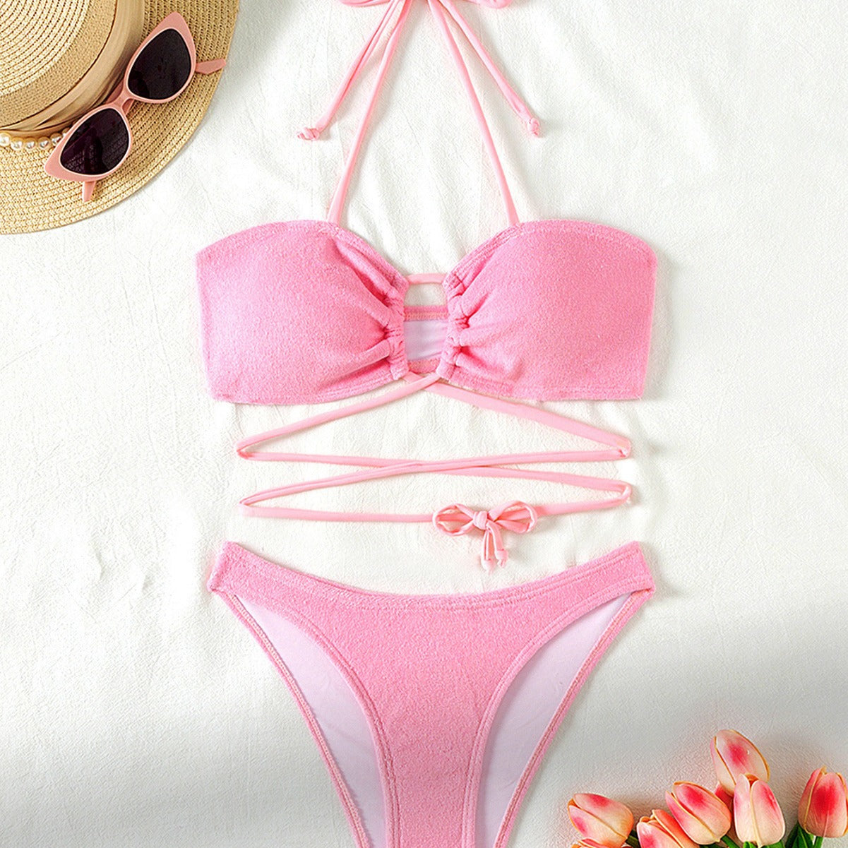 Split Swimsuit Women Hollow Out Cutout Sexy Bikini Triangle Two Piece Set Lace up Solid Color Chimie