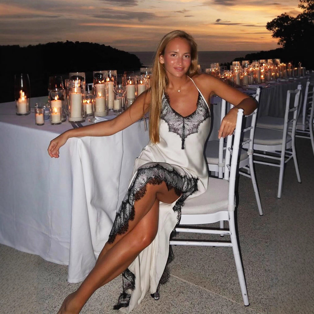 Lace Spaghetti Strap Maxi Dress Summer Artificial Silk Sexy Slit Stitching Lace Dress Women BlueLine