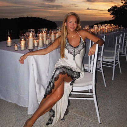 Lace Spaghetti Strap Maxi Dress Summer Artificial Silk Sexy Slit Stitching Lace Dress Women BlueLine