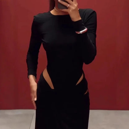 Women Clothing Spring Graceful Fashionable Long Sleeve Hollow Out Cutout Solid Color Dress