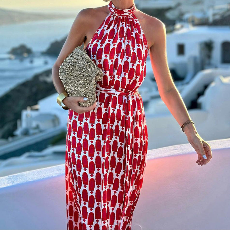 Women Clothing Spring Summer Sexy Print Halter Beach Vacation Mid Length Dress CONY