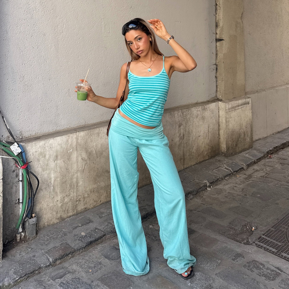 Women Clothing Mint Green Striped Street Suspender Trousers Two Piece Sets Summer LingSharp