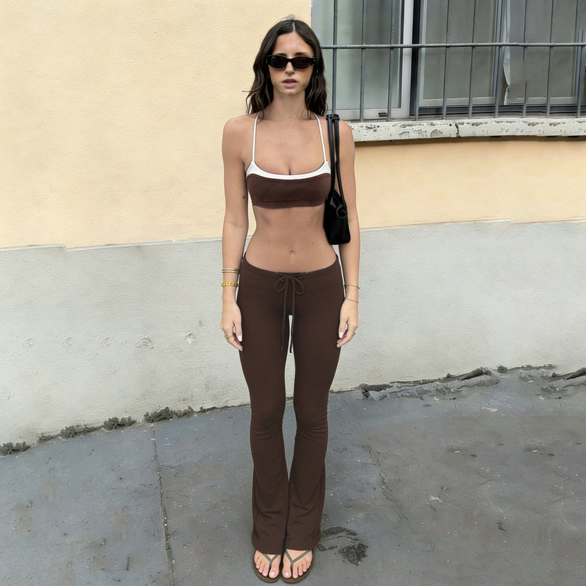 Casual Sports Contrast Color Suspender Trousers Two Piece Sets Street Sexy LingSharp