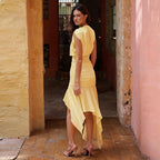 Women Clothing Summer Sleeveless Pleated Waist Tight Slimming Irregular Asymmetric Dress Flash Vision