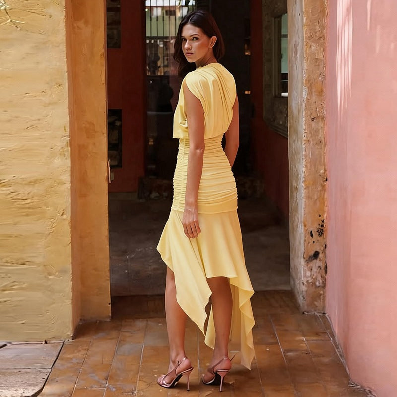 Women Clothing Summer Sleeveless Pleated Waist Tight Slimming Irregular Asymmetric Dress Flash Vision