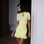 Women Clothing Lotus Leaf Dress Short Sleeve Solid Color Sweet Multicolor Sunken Stripe Sexy Dress Havana