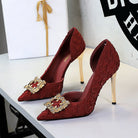 French Rhinestone Square Buckle Side Hollow Out Cutout Slip on Super High Heel Satin Gentle Elegant Stiletto Wedding Shoes ForestFootwear