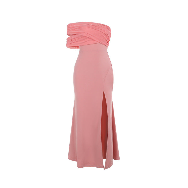 Robe sexy fendue à épaules dénudées et coutures en maille pour femme