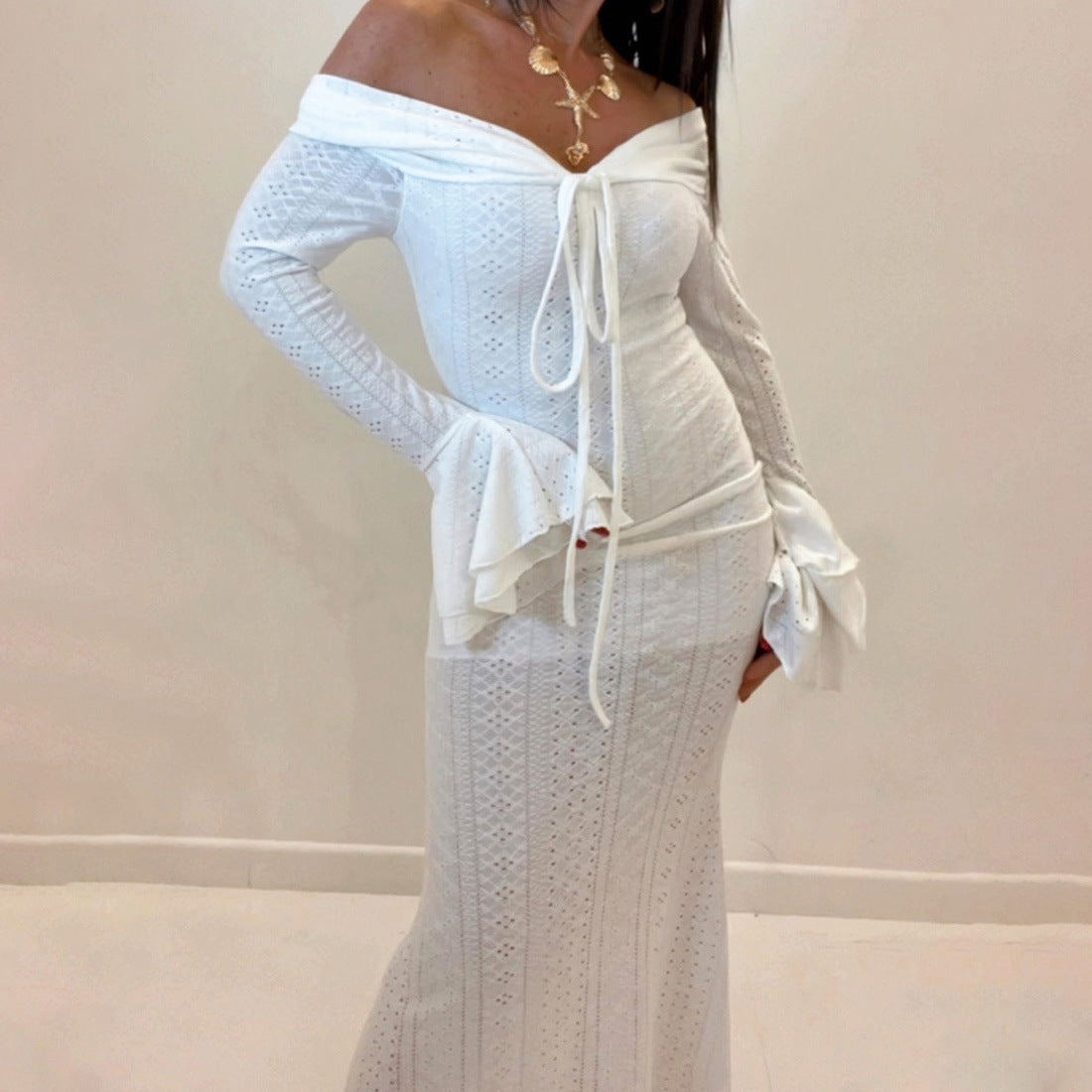 Summer Women Clothing Elegant Slim Sexy off Neck Flared Sleeves Dress