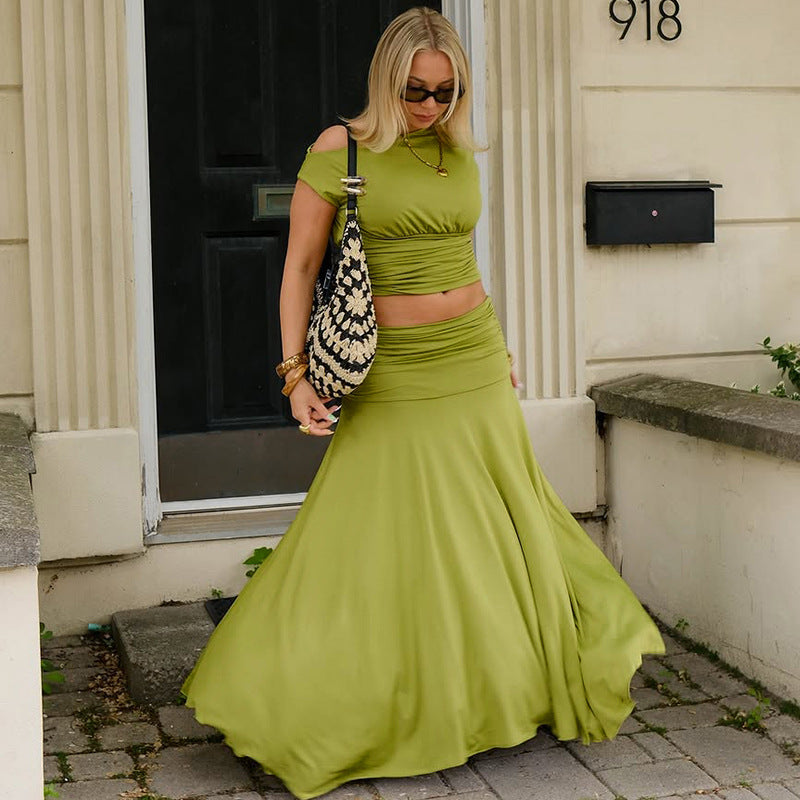 Women Clothing Summer One Shoulder Pleated Slim Fit Skirt Set