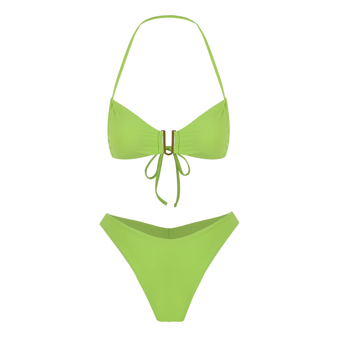 Bikini de cintura baja con abertura alta y color sólido fresco, traje de baño sexy dividido para mujer