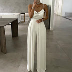 Pearl Suspender Wide Leg Sleeveless V-neck Backless Trousers Jumpsuit FLYSMART