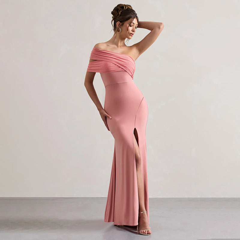 Robe sexy fendue à épaules dénudées et coutures en maille pour femme