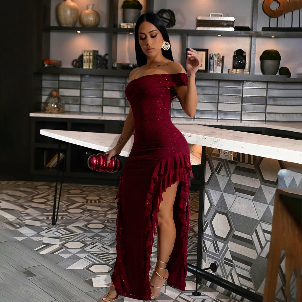 Vestido ajustado con abertura para mujer, vestido maxi sexy con hombros descubiertos.