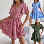 Spring Summer Flounced Ribbon Big Hem A- line Solid Color Dress Women Clothing BAGIISA